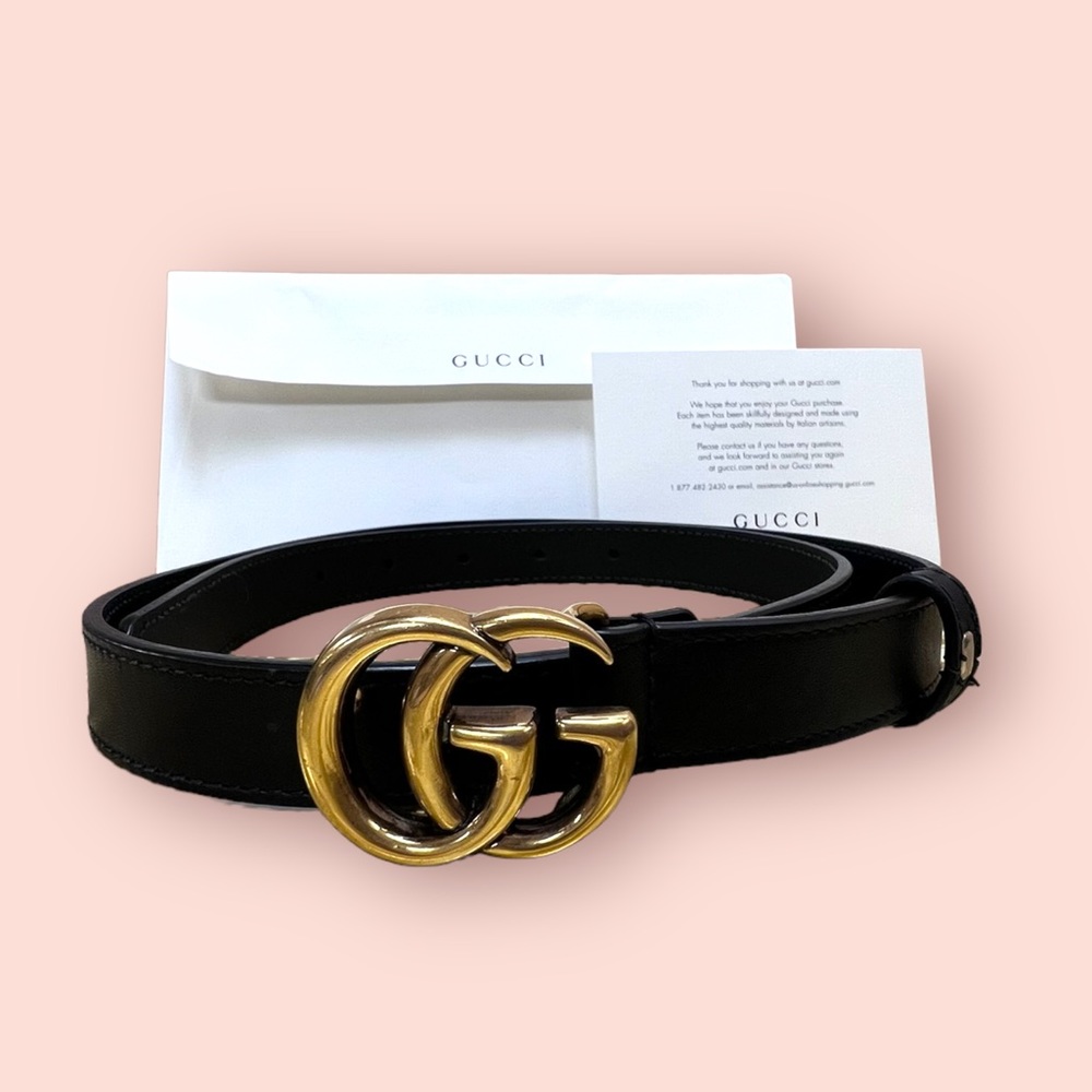 Gucci Black Leather Belt with Gold Double G Buckle